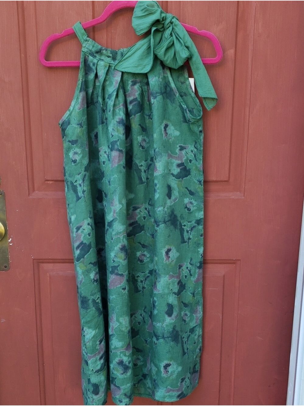 100% Linen Made In Italy Green Floral Halter Tie-Shoulder Maxi Dress - Picture 4 of 6